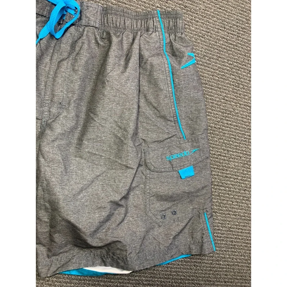 Speedo Mens Swim Trunks Gray Blue Embroidered Logo Cargo Pocket Size XL